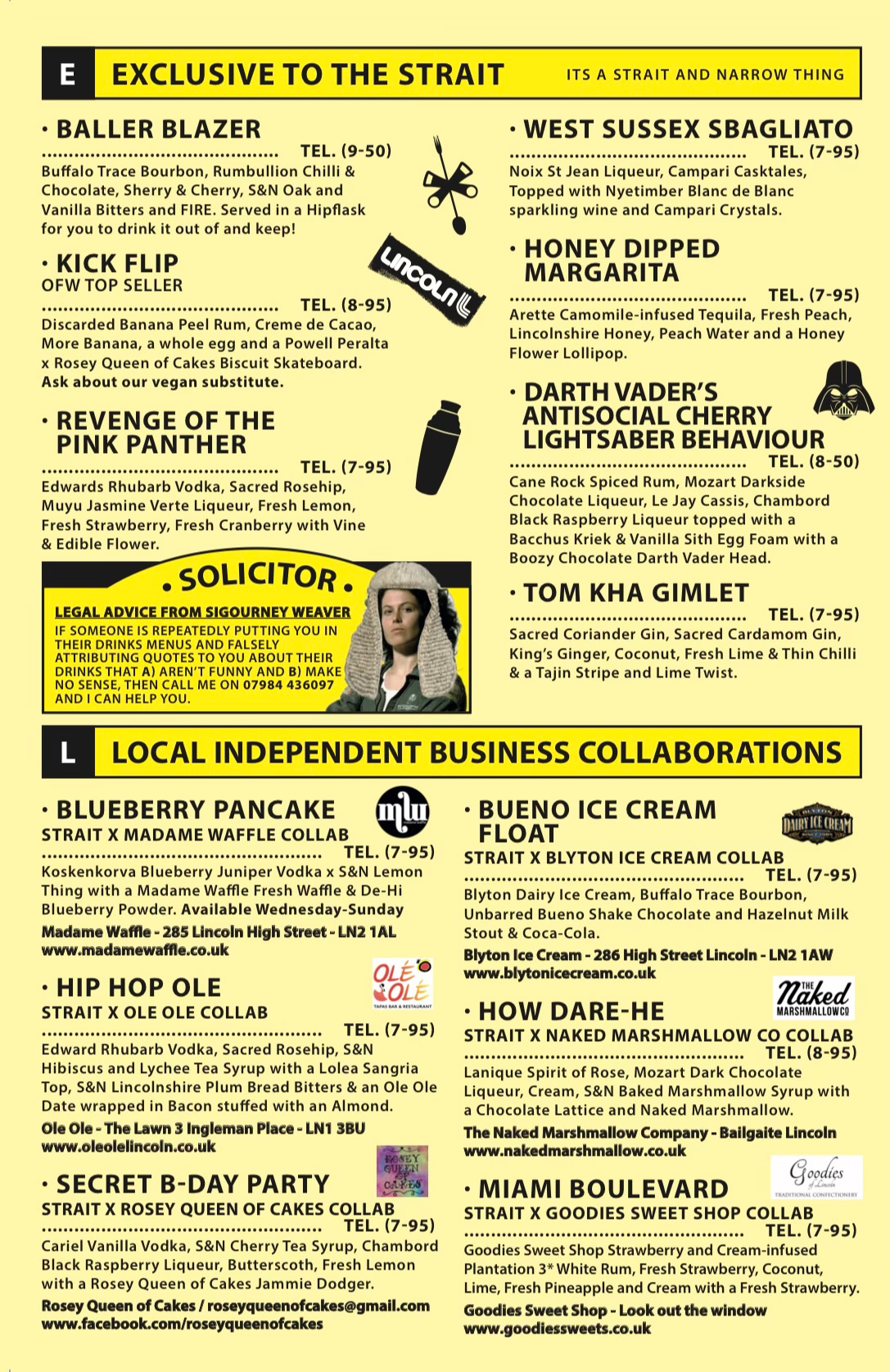 Strait and Narrow New Menu Page One